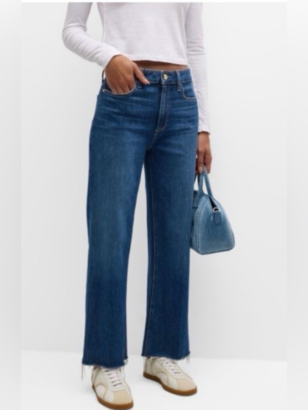 PAIGE Leenah Ankle Denim Jeans Blue Raw Hem High Rise Crop Size 28